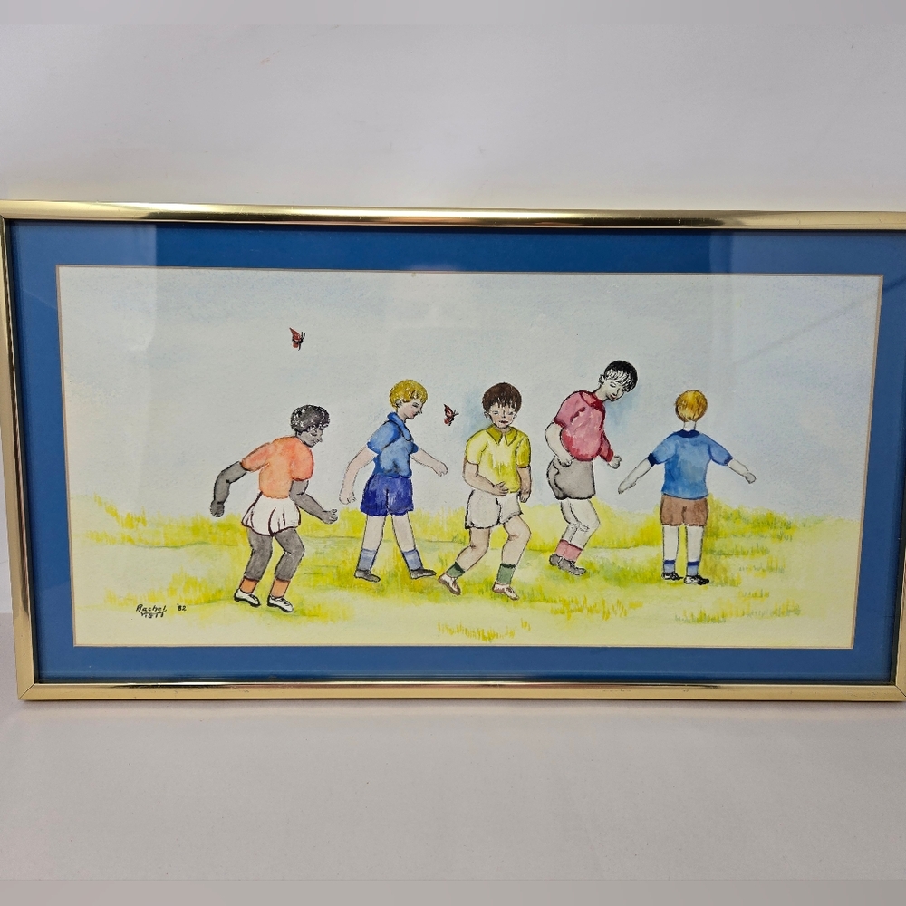 Rachel Vigil Original Watercolor Art Work 1982 Vintage Young Boys Playing